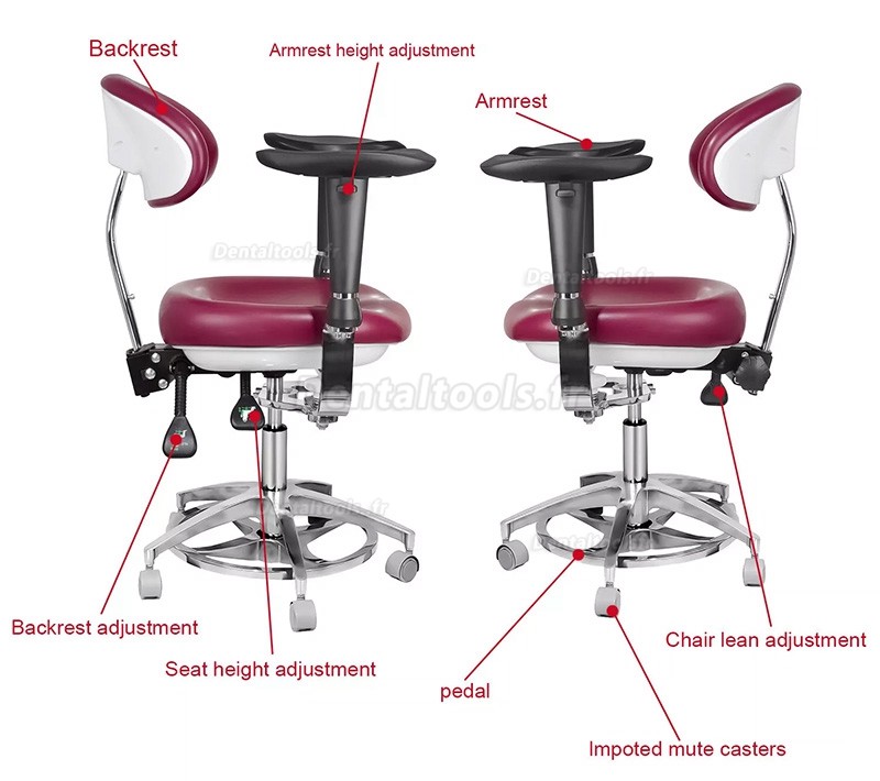 JKS-037 Tabouret dentaire ergonomique avec accoudoirs Chaise d'assistante hygiéniste pour dentiste