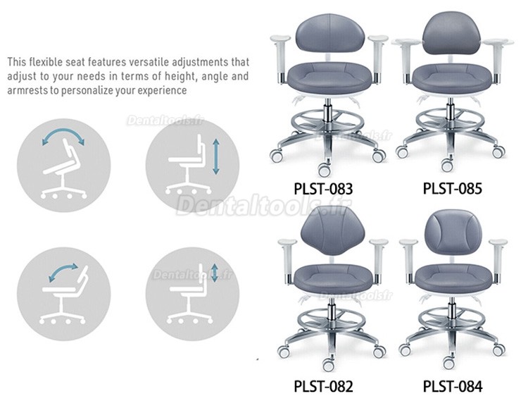 PLST-08 Série Tabourets dentaires ergonomiques réglables avec accoudoirs et support dorsal