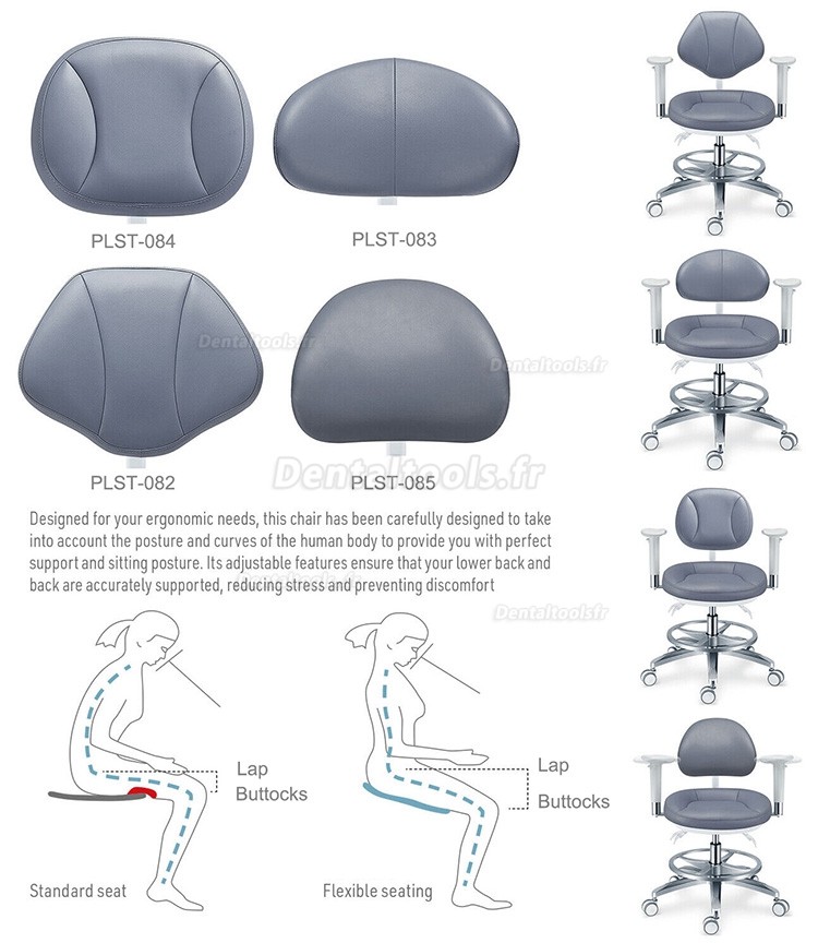 PLST-08 Série Tabourets dentaires ergonomiques réglables avec accoudoirs et support dorsal