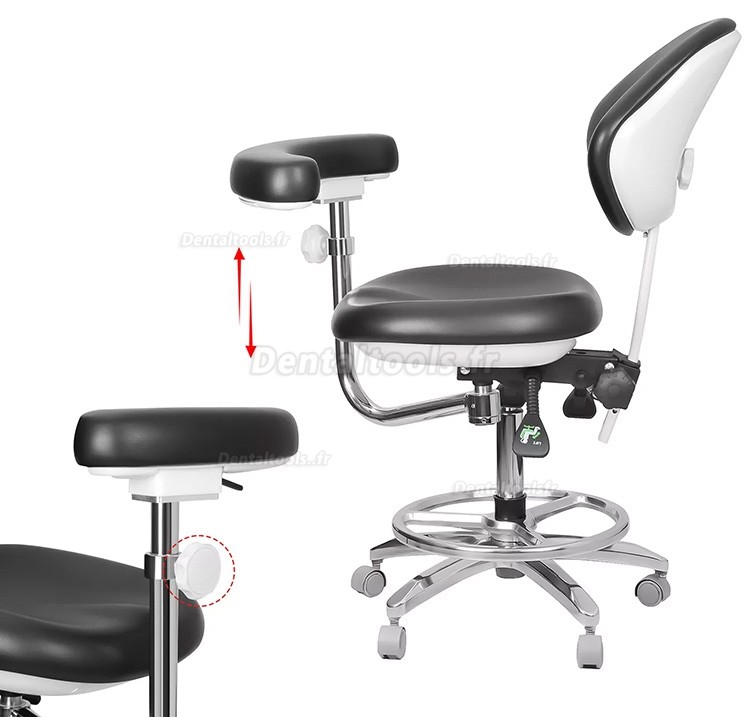 QY-600M-B2 Chaise d'assistant dentaire ergonomique réglable avec accoudoirs et rotation à 360°