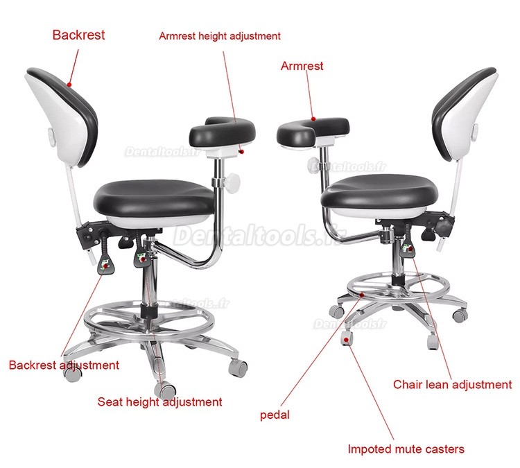 QY-600M-B2 Chaise d'assistant dentaire ergonomique réglable avec accoudoirs et rotation à 360°